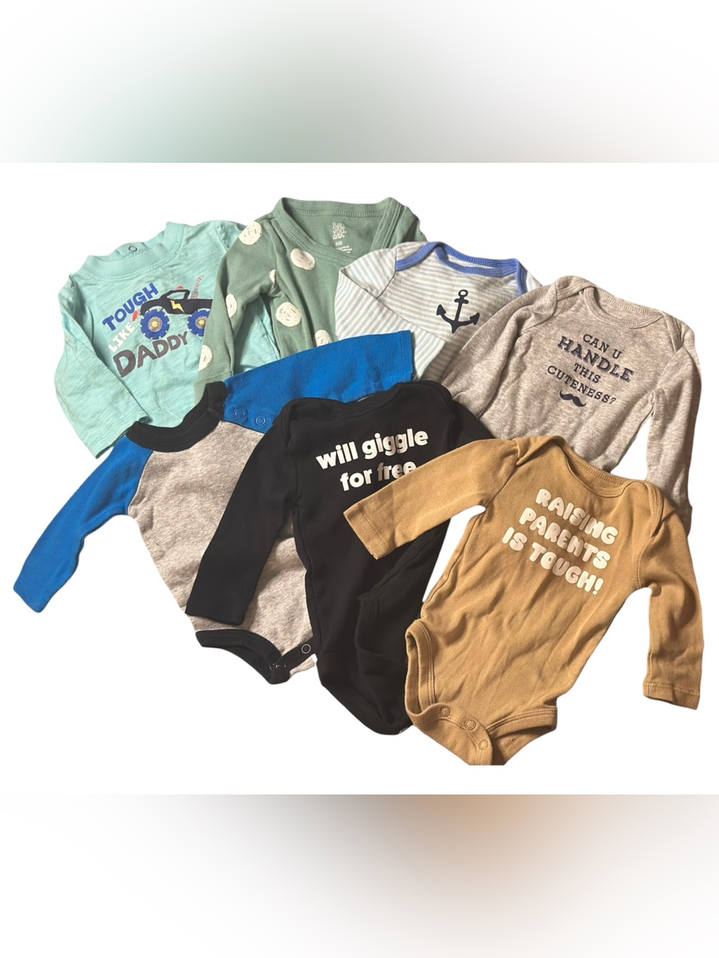 Mixed Bundle Lot Of 7 Long-Sleeve Onesie Bundle - Black, Blue, Green, Tan, Gray